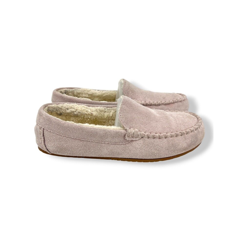 Lands' End Blush Pink Suede Leather Fur Lined Moccasin Slippers Shoes 9